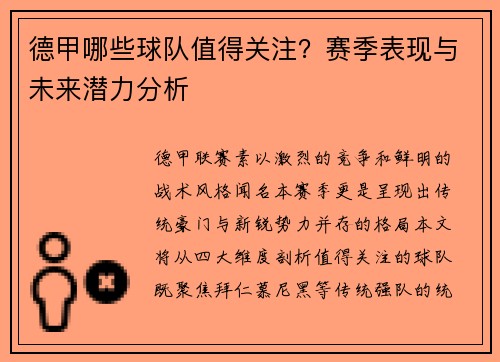 德甲哪些球队值得关注？赛季表现与未来潜力分析