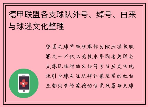 德甲联盟各支球队外号、绰号、由来与球迷文化整理