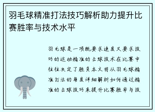羽毛球精准打法技巧解析助力提升比赛胜率与技术水平